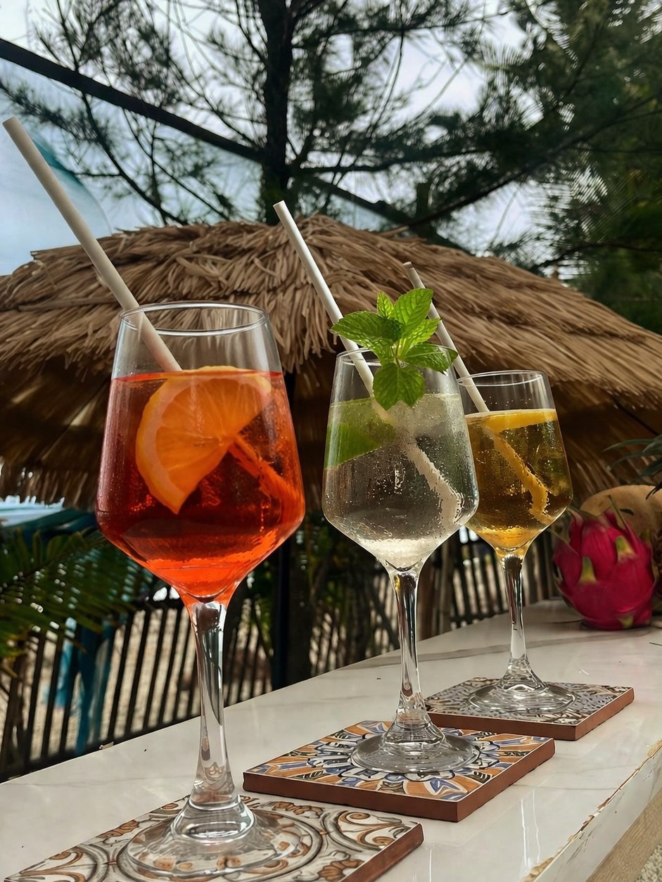 Three cocktails on tile coasters under a thatched umbrella