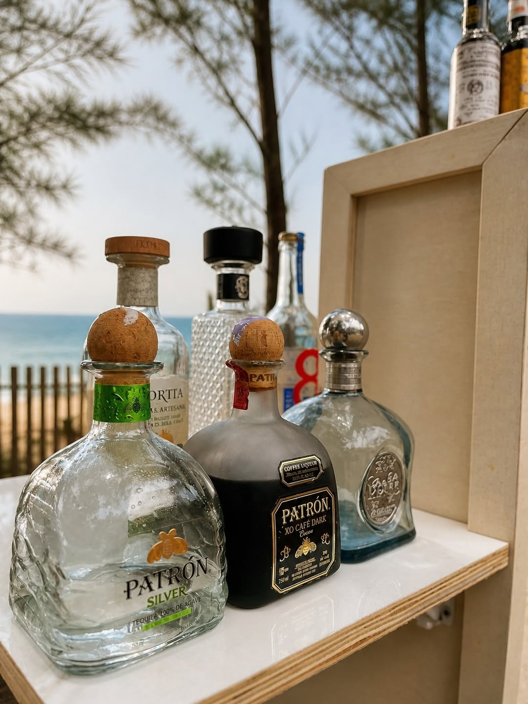 Premium tequila and mezcal bottles with the sea behind